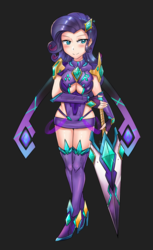 Size: 800x1309 | Tagged: safe, artist:tzc, rarity, human, equestria girls, g4, armor, black background, blade, boob window, breasts, cleavage, clothes, cosplay, costume, crossover, female, humanized, pyra, simple background, solo, sword, unconvincing armor, weapon, xenoblade chronicles (series), xenoblade chronicles 2