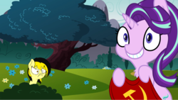 Size: 1191x670 | Tagged: safe, artist:anonymous, artist:besttubahorse, artist:tjpones edits, edit, starlight glimmer, oc, oc:leslie fair, pony, unicorn, g4, /mlpol/, angry, bush, calarts, chest fluff, communism, evil smile, face, female, flag, grin, hammer and sickle, hoof hold, mare, rage, sitting, smiling, solo, soviet, squee, stalin glimmer, thin-line style