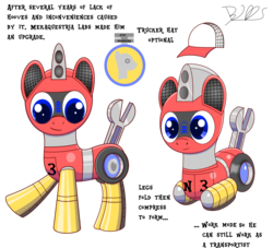 Size: 2024x1840 | Tagged: safe, artist:trackheadtherobopony, oc, oc only, oc:trackhead, original species, pony, robot, robot pony, wheelpone, logo, reference sheet, signature, simple background, solo, text, transformation, transparent background, trucker hat