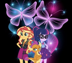 Size: 1084x944 | Tagged: safe, artist:php77, editor:php77, sci-twi, smolder, sunset shimmer, twilight sparkle, equestria girls, g4, my little pony equestria girls: better together, wallpaper