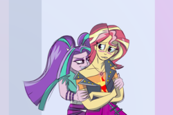 Size: 3000x2000 | Tagged: safe, artist:ms-mikail, aria blaze, sunset shimmer, equestria girls, g4, color, female, geode of empathy, high res, lesbian, lip bite, magical geodes, neck biting, ship:sunblaze, shipping