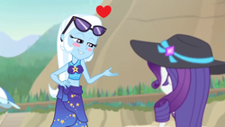 Size: 1280x720 | Tagged: safe, edit, edited screencap, screencap, rarity, trixie, equestria girls, equestria girls specials, g4, my little pony equestria girls: better together, my little pony equestria girls: forgotten friendship, belly button, blush sticker, blushing, clothes, duo, female, hand on hip, hat, heart, lesbian, midriff, rarixie, shipping, smiling, sun hat, sunglasses, sunglasses on head, swimsuit