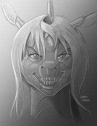 Size: 900x1165 | Tagged: safe, artist:baron engel, queen chrysalis, changeling, changeling queen, g4, evil smile, fangs, female, grayscale, grin, looking at you, monochrome, sketch, smiling, traditional art