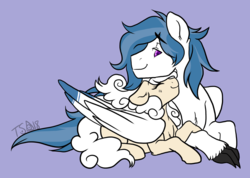 Size: 1280x909 | Tagged: safe, artist:twisted-sketch, oc, oc only, oc:delta dart, oc:rewind, hippogriff, pony, unicorn, cute, delwind, hug, size difference, snuggling, talons, winghug