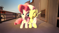 Size: 1024x576 | Tagged: safe, artist:thatonefluffs, fluttershy, pinkie pie, pony, g4, 3d, female, lesbian, prone, ship:flutterpie, shipping