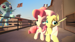 Size: 1024x576 | Tagged: safe, artist:thatonefluffs, fluttershy, pinkie pie, rainbow dash, rarity, pony, g4, 3d, female, lesbian, prone, ship:flutterpie, shipping