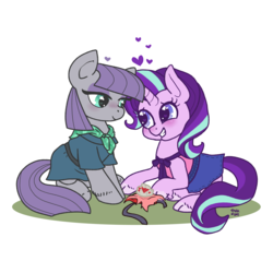 Size: 2800x2800 | Tagged: safe, artist:otterlore, maud pie, starlight glimmer, earth pony, pony, unicorn, g4, blushing, clothes, cloven hooves, cute, dress, female, glimmerbetes, heart, high res, lesbian, mare, maudabetes, scarf, shipping, smiling, starmaud