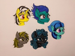 Size: 849x637 | Tagged: safe, artist:metalamethyst, oc, oc:azure strike, oc:blueberry rush, pony, unicorn, blue eyes, bust, orange eyes, purple eyes, simple background, traditional art, white background, yellow eyes