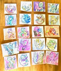 Size: 1024x1183 | Tagged: safe, artist:colorsceempainting, big macintosh, bon bon, derpy hooves, discord, lyra heartstrings, princess luna, sugar belle, sweetie drops, tempest shadow, trixie, g4, traditional art, watercolor painting