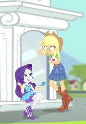 Size: 380x549 | Tagged: safe, screencap, applejack, rarity, equestria girls, equestria girls specials, g4, my little pony equestria girls: better together, my little pony equestria girls: forgotten friendship, applejack's hat, clothes, cowboy hat, cropped, female, geode of shielding, geode of super strength, hat, rarity peplum dress