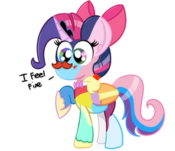 Size: 1500x1290 | Tagged: safe, apple bloom, applejack, big macintosh, carrot cake, cheerilee, fluttershy, lyra heartstrings, octavia melody, pinkie pie, princess luna, rainbow dash, rarity, scootaloo, starlight glimmer, sweetie belle, twilight sparkle, oc, oc only, oc:clusterfuck, alicorn, pony, g4, alicorn oc, appleflaritwidashpie, applmaccarrcheerlyrscootabelleshylyraoctpinklunrainrarglimtwi, bow, crown, cutie mark crusaders, facial hair, female, fusion, fusion:lyra heartstrings, hair bow, hoof shoes, jewelry, mane six, moustache, regalia, solo, tumblr, twilight sparkle (alicorn), wat, we have become one, what has magic done, what has science done, why