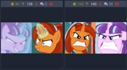 Size: 1183x651 | Tagged: safe, screencap, starlight glimmer, stellar flare, pony, unicorn, derpibooru, g4, the cutie map, the cutie re-mark, the parent map, angry, comparison, cropped, faic, female, glowing horn, grin, gritted teeth, horn, juxtaposition, magic, mare, meta, ragelight glimmer, s5 starlight, smiling