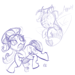 Size: 2048x2048 | Tagged: safe, artist:therederrorart, applejack, rarity, bee pony, original species, pony, unicorn, g4, applebee's, fight, funny, high res, rarity fighting a giant applebee's, request, sketch, species swap