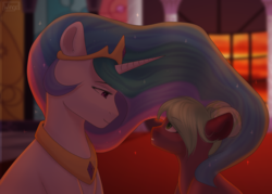 Size: 4290x3075 | Tagged: safe, artist:wingell, princess celestia, oc, oc:cocoa mint, alicorn, pony, g4, duo, looking at each other, looking at someone, ych result