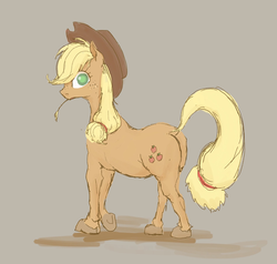 Size: 1899x1811 | Tagged: safe, artist:noupu, applejack, earth pony, pony, g4, female, hay stalk, looking at you, mare, realistic horse legs, simple background, solo