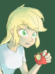 Size: 1535x2048 | Tagged: safe, artist:noupu, applejack, equestria girls, g4, apple, blonde, clothes, eating, female, food, hatless, missing accessory, shirt, simple background, solo, that pony sure does love apples