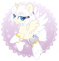 Size: 2542x2649 | Tagged: safe, artist:hawthornss, oc, oc only, oc:glamis, alicorn, pony, abstract background, alicorn oc, blushing, colored hooves, colored pupils, colored wings, colored wingtips, female, flying, hair accessory, high res, hoof fluff, lidded eyes, lightly watermarked, looking at you, mare, simple background, smiling, solo, spread wings, transparent background, unshorn fetlocks, watermark, wings
