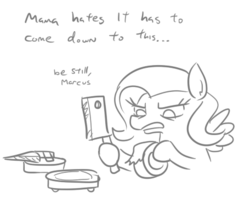 Size: 456x373 | Tagged: safe, artist:jargon scott, part of a set, fluttershy, pegasus, pony, g4, augmentation, augmented, black and white, butcher knife, dialogue, doomba, duct tape, female, grayscale, hoof hold, knife, mare, monochrome, roomba, roombashy, simple background, tape, white background