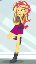Size: 624x1109 | Tagged: safe, sunset shimmer, equestria girls, equestria girls specials, g4, my little pony equestria girls: better together, my little pony equestria girls: forgotten friendship, boots, clothes, geode of empathy, jacket, leather jacket, raised leg, shoes, skirt, wondercolt statue, yearbook
