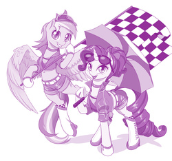 Size: 1100x1031 | Tagged: safe, artist:dstears, rainbow dash, rarity, pegasus, pony, unicorn, g4, boots, checkered flag, female, flag, hat, looking at you, mare, midriff, monochrome, purple, race queen, shoes, simple background, smiling, sunglasses, umbrella, white background
