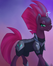 Size: 1908x2365 | Tagged: safe, artist:uncannycritter, tempest shadow, pony, unicorn, g4, my little pony: the movie, armor, broken horn, electricity magic, eye scar, female, horn, mare, scar, solo