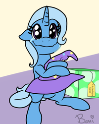 Size: 800x1000 | Tagged: safe, artist:bennimarru, trixie, pony, g4, clothes, crying, cute, diatrixes, female, filly, filly trixie, flat colors, hat, implied jack pot, manechat challenge, present, simple background, sitting up, smiling, solo, tears of joy, trixie's hat, weapons-grade cute, young, younger