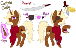 Size: 1024x668 | Tagged: safe, artist:tomboygirl45, oc, oc only, oc:captain goldie, pony, unicorn, clothes, eyepatch, female, mare, reference sheet, simple background, solo, sword, transparent background, weapon