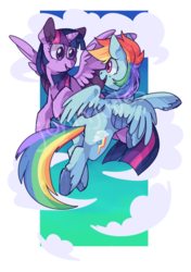 Size: 1705x2416 | Tagged: safe, artist:johnjudes, rainbow dash, twilight sparkle, alicorn, pegasus, pony, g4, female, flying, lesbian, looking at each other, mare, ship:twidash, shipping, simple background, smiling, transparent background, twilight sparkle (alicorn), watermark