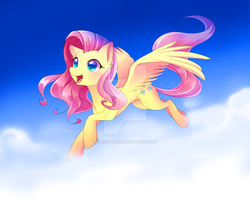Size: 900x720 | Tagged: dead source, safe, artist:jacky-bunny, fluttershy, pegasus, pony, g4, cloud, female, flying, mare, solo, watermark