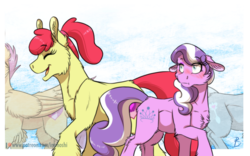 Size: 1024x639 | Tagged: safe, artist:inuhoshi-to-darkpen, apple bloom, diamond tiara, scootaloo, silver spoon, earth pony, pegasus, pony, g4, blushing, chest fluff, duo focus, eyes closed, female, floppy ears, head out of frame, height difference, implied diamondbloom, implied lesbian, implied shipping, lesbian, looking back, mare, older, older apple bloom, older diamond tiara, older scootaloo, older silver spoon, open mouth, patreon, patreon logo, ship:diamondbloom, shipping, smiling
