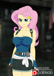 Size: 1024x1424 | Tagged: safe, artist:raydonxd, part of a set, fluttershy, equestria girls, g4, big breasts, breasts, busty fluttershy, cleavage, clothes, crossover, female, gun, jill valentine, patreon, patreon logo, raccoon city, resident evil, resident evil 3, solo, weapon