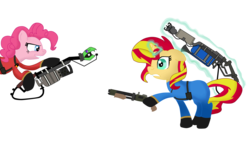 Size: 4672x2632 | Tagged: safe, artist:fj23pk, pinkie pie, sunset shimmer, earth pony, pony, unicorn, g4, backburner, degreaser, female, fiery shimmer, glowing horn, gun, horn, pyro (tf2), reserve shooter, simple background, team fortress 2, transparent background, weapon