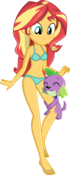Size: 532x1313 | Tagged: safe, alternate version, artist:charliexe, spike, spike the regular dog, sunset shimmer, dog, equestria girls, g4, belly button, bikini, clothes, confused, cute, daaaaaaaaaaaw, duo, female, hug, leg hug, male, not sure if want, ship:sunsetspike, shipping, show accurate, simple background, spikabetes, spike the dog, spikelove, straight, swimsuit, transparent background