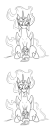 Size: 628x1540 | Tagged: safe, artist:jargon scott, daybreaker, twilight sparkle, alicorn, pony, unicorn, the tiny apprentice, g4, comic, cute, diabreaker, female, filly, filly twilight sparkle, foal, grayscale, looking at each other, mane of fire, mare, mombreaker, monochrome, raspberry, raspberry noise, silly, silly pony, simple background, sitting, size difference, smol, the small acolyte, tongue out, white background, younger