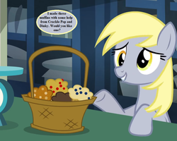 Size: 810x648 | Tagged: safe, edit, edited screencap, editor:korora, screencap, derpy hooves, g4, slice of life (episode), basket, bronybait, cropped, cute, derpabetes, implied crackle pop, implied dinky, muffin, post office, scale, speech bubble, text, that pony sure does love muffins