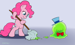 Size: 1000x600 | Tagged: safe, artist:empyu, pinkie pie, smooze, earth pony, pony, g4, bipedal, duo, female, hat, mare, mop, top hat