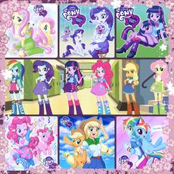 Size: 2048x2048 | Tagged: safe, artist:uotapo, edit, angel bunny, applejack, fluttershy, pinkie pie, rainbow dash, rarity, spike, twilight sparkle, alicorn, angel, dog, dragon, human, pony, rabbit, equestria girls, g4, animal costume, anime style, awesome, back to back, backpack, blushing, boots, bunny costume, cherry blossoms, clothes, confetti, costume, cute, dashabetes, doggy dragondox, eqg promo pose set, female, flower, flower blossom, hat, high heel boots, high res, human ponidox, humane five, humane six, logo, looking at you, male, mane seven, mane six, my little pony logo, party hat, self paradox, self ponidox, ship:sparity, shipping, shoes, shyabetes, skirt, socks, spike the dog, spread wings, square crossover, straight, twilight sparkle (alicorn), uotapo is trying to murder us, wings