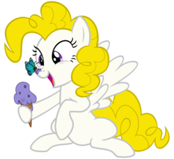 Size: 3500x3200 | Tagged: safe, alternate version, artist:cheezedoodle96, surprise, butterfly, pegasus, pony, g1, g4, .svg available, butterfly on nose, eye contact, female, food, g1 to g4, generation leap, high res, hoof hold, ice cream, ice cream cone, insect on nose, looking at each other, mare, silly, silly pony, simple background, sitting, smiling, svg, transparent background, vector