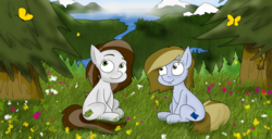 Size: 1920x984 | Tagged: safe, artist:ajmstudios, oc, oc:columbia, oc:oregon, oc:rainier, oc:washington, butterfly, pony, squirrel, cute, duo, female, flower, forest, freckles, mountain, nation ponies, nature, ocean, oregon, ponified, river, sitting, state ponies, tree, washington, washington state