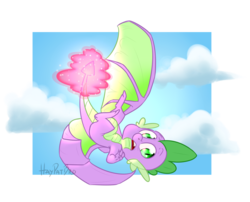 Size: 1282x1037 | Tagged: safe, artist:haybro-12, spike, dragon, g4, cloud, flying, implied twilight sparkle, magic, male, simple background, solo, telekinesis, transparent background, winged spike, wings