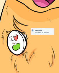Size: 1200x1500 | Tagged: safe, artist:heir-of-rick, applejack, earth pony, pony, g4, apple, ask, button, chest fluff, close-up, female, food, mare, open mouth, solo, that pony sure does love apples, tumblr