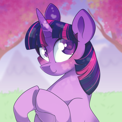 Size: 1024x1024 | Tagged: dead source, safe, artist:slushshe, twilight sparkle, g4, blushing, female, looking at you, mare, tree