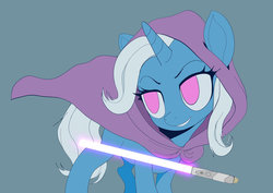 Size: 1024x725 | Tagged: safe, artist:grissaecrim, trixie, pony, unicorn, g4, cape, clothes, female, lightsaber, mare, simple background, solo, star wars, weapon