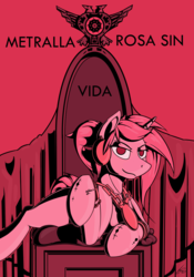 Size: 6288x9000 | Tagged: safe, artist:uliovka, oc, oc only, oc:metralla, pony, absurd resolution, caravan palace, female, looking at you, mare, red eyes, solo, text