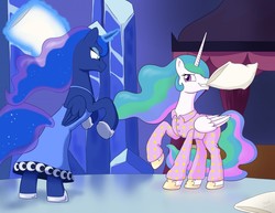 Size: 1280x989 | Tagged: safe, artist:sycotei-b, princess celestia, princess luna, alicorn, pony, g4, clothes, duo, duo female, female, magic, mare, nightgown, pajamas, pillow, pillow fight, royal sisters, sibling love, siblings, sisterly love, sisters, smiling, smirk