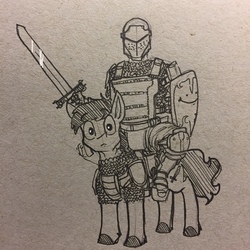 Size: 1280x1280 | Tagged: safe, artist:greyscaleart, oc, human, armor, humans riding ponies, monochrome, riding, smiley face, sword, traditional art, weapon