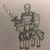 Size: 1280x1280 | Tagged: safe, artist:greyscaleart, oc, human, armor, humans riding ponies, monochrome, riding, smiley face, sword, traditional art, weapon