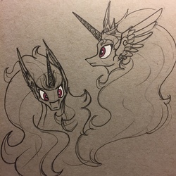 Size: 1280x1280 | Tagged: safe, artist:greyscaleart, princess celestia, alicorn, pony, g4, bust, female, frown, head, helmet, lineart, long mane, looking at you, mare, messy mane, profile, solo, traditional art, wide eyes, wing ears