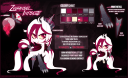 Size: 2444x1500 | Tagged: safe, artist:zombie, oc, oc only, oc:von zinfandel infidelity, oc:zin, bat pony, pony, amputee, antagonist, bat pony oc, claws, colored pupils, crown, edgy, evil, evil grin, female, grin, jewelry, long mane, long tail, mare, prosthetic limb, prosthetics, reference sheet, regalia, royalty, smiling, solo, villainess