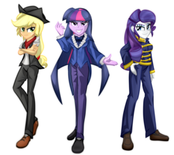 Size: 4600x4100 | Tagged: safe, artist:geraritydevillefort, applejack, rarity, twilight sparkle, the count of monte rainbow, equestria girls, g4, absurd resolution, clothes, crossed arms, danglajacks, danglars, evil smile, evil twilight, freckles, grin, looking at you, mondego, monsparkle, musical, pants, rarifort, redraw, simple background, smiling, smirk, the count of monte cristo, transparent background, trio, twilight sparkle (alicorn), villefort